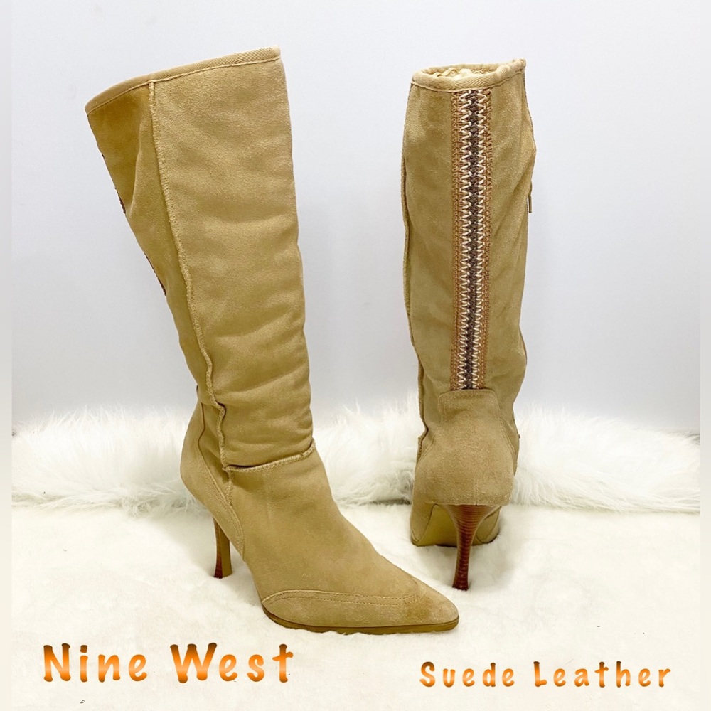 Nine West-Suede Leather Nude Tall Pointed toe heel boots 8